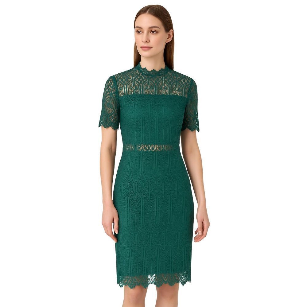Zalalus Green Sheer Lace High Neck Elegant Bodycon Midi Dress Womens 10